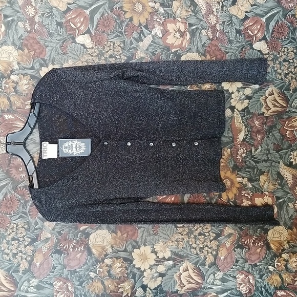 90s Black Lurex Cardigan — Minimal Goth Metallic Knit - Picture 4 of 7